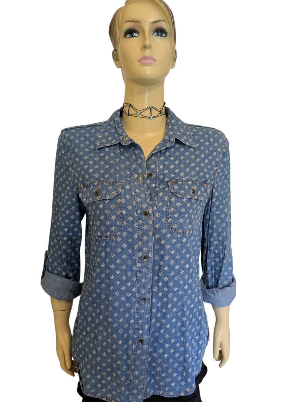 Denim Printed Button-Up Chambray Shirt